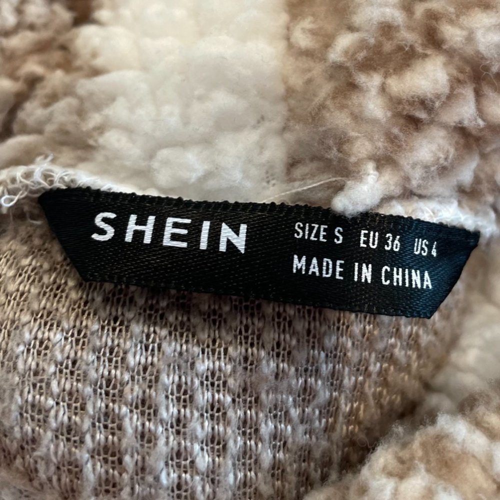 Shein Buffalo Plaid Print Drawstring Hoodie Brown White Women’s Size Small - Picture 3 of 9